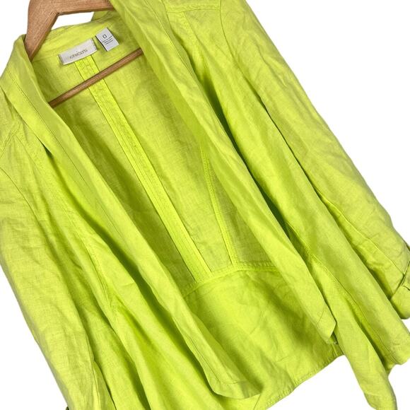 CHICO'S Women's S Lime Green 100% Linen Flyaway Francesca Roll Tab Open‎ Jacket - Picture 1 of 8